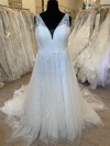 Ball Gown/Princess V-neck Tulle Court Train Wedding Dress With Appliques Lace #Milly00028370