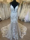 Trumpet/Mermaid V-neck Tulle Court Train Wedding Dress With Appliques Lace #Milly00028374