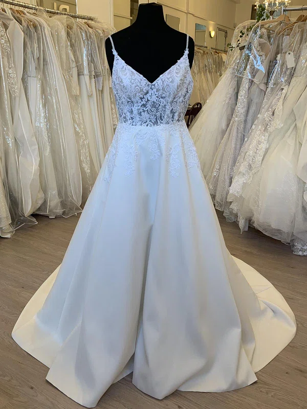 Ball Gown/Princess V-neck Satin Sweep Train Wedding Dress With Appliques Lace #Milly00028378