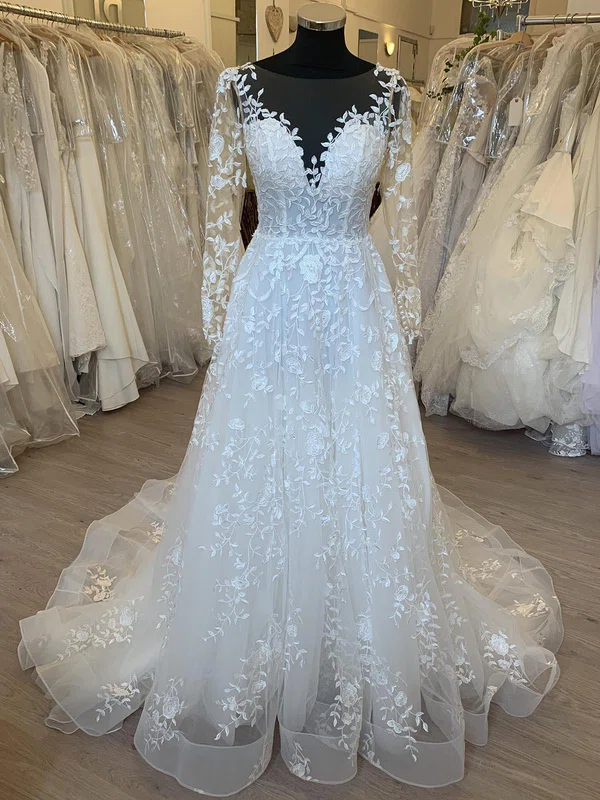 Ball Gown/Princess Illusion Tulle Court Train Wedding Dress With Flower(s) #Milly00028379