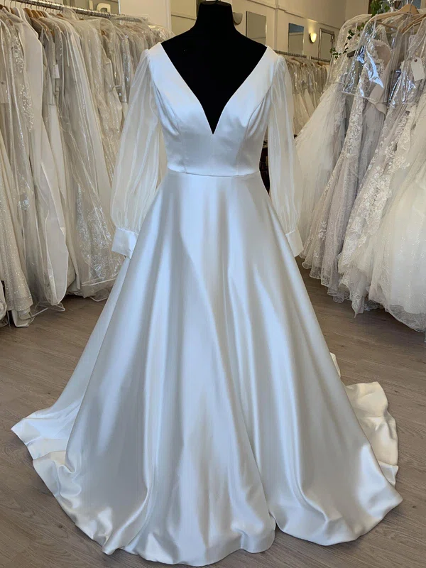 Ball Gown/Princess V-neck Satin Sweep Train Wedding Dress #Milly00028381