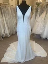 Sheath/Column V-neck Stretch Crepe Court Train Wedding Dress With Appliques Lace #Milly00028388
