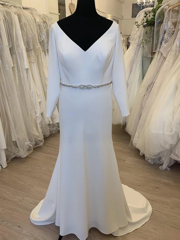 Sheath/Column V-neck Stretch Crepe Sweep Train Wedding Dress With Beading #Milly00028389