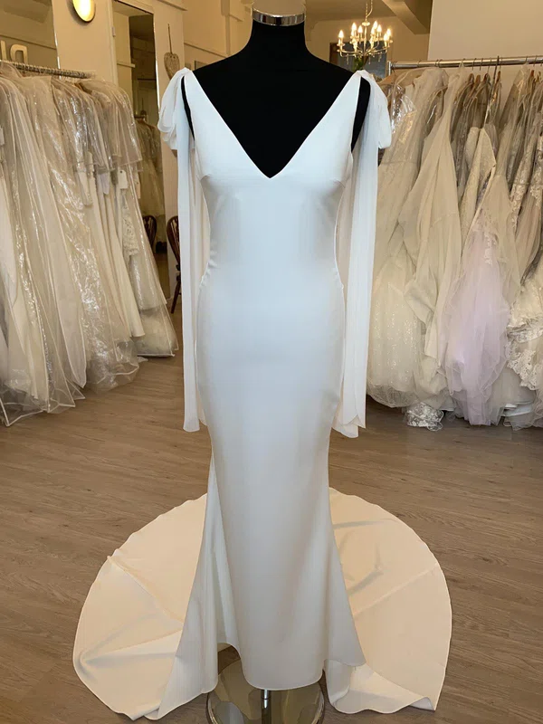 Sheath/Column V-neck Chiffon Court Train Wedding Dress #Milly00028390