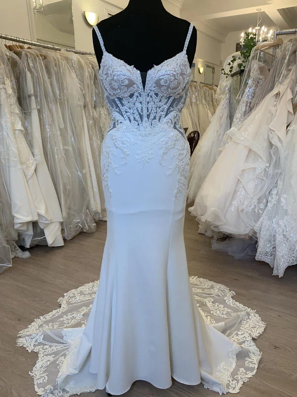 Trumpet/Mermaid V-neck Stretch Crepe Sweep Train Wedding Dress With Appliques Lace #Milly00028393
