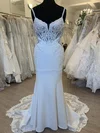 Trumpet/Mermaid V-neck Stretch Crepe Sweep Train Wedding Dress With Appliques Lace #Milly00028393