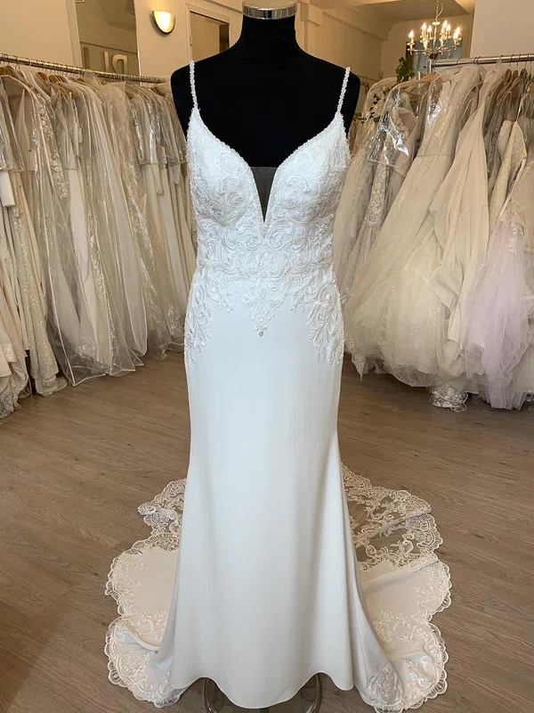 Sheath/Column V-neck Jersey Court Train Wedding Dress With Pearl Detailing #Milly00028396