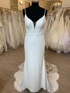 Sheath/Column V-neck Jersey Court Train Wedding Dress With Pearl Detailing #Milly00028396