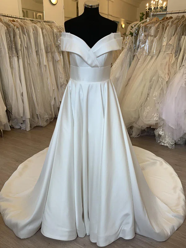 Ball Gown/Princess Off-the-shoulder Satin Court Train Wedding Dress With Ruched #Milly00028398