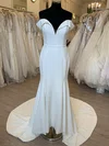 Trumpet/Mermaid Off-the-shoulder Stretch Crepe Sweep Train Wedding Dress With Ruched #Milly00028401