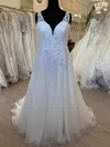 Ball Gown/Princess V-neck Tulle Sweep Train Wedding Dress With Appliques Lace #Milly00028402