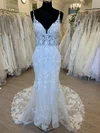 Trumpet/Mermaid V-neck Tulle Court Train Wedding Dress With Appliques Lace #Milly00028406