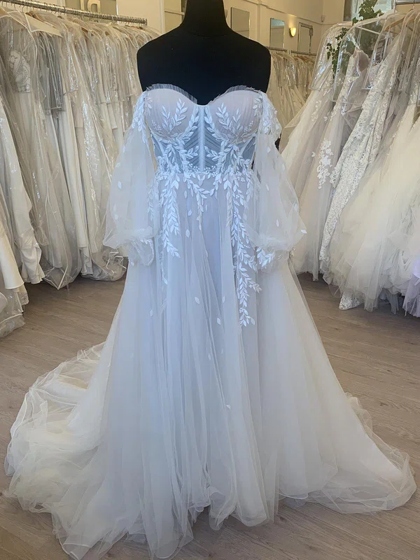 Ball Gown/Princess Off-the-shoulder Tulle Court Train Wedding Dress With Ruched #Milly00028407