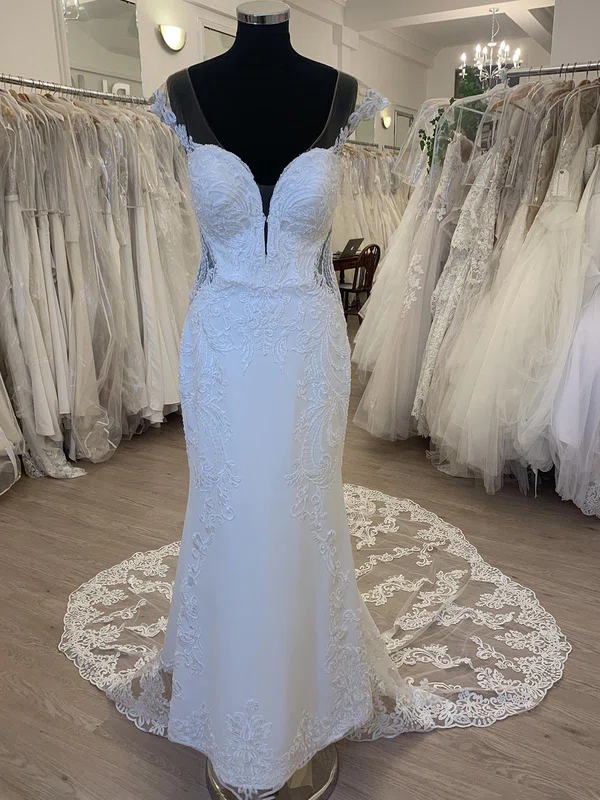 Sheath/Column V-neck Tulle Court Train Wedding Dress With Appliques Lace #Milly00028408