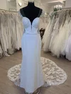 Sheath/Column V-neck Tulle Court Train Wedding Dress With Appliques Lace #Milly00028408