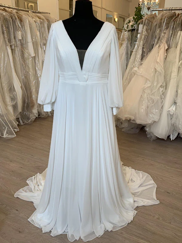 A-line V-neck Chiffon Sweep Train Wedding Dress With Ruched #Milly00028413