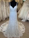 Sheath/Column V-neck Tulle Lace Court Train Wedding Dress With Appliques Lace #Milly00028414