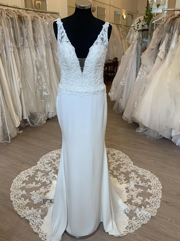 Sheath/Column V-neck Satin Sweep Train Wedding Dress With Appliques Lace #Milly00028416