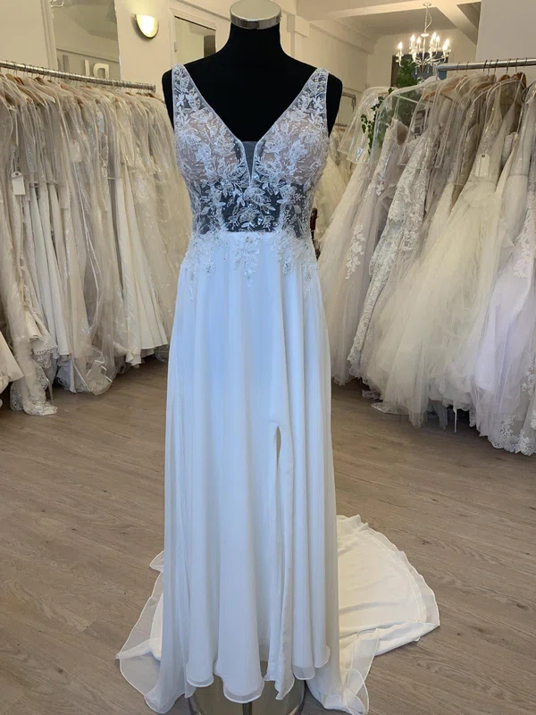 A-line V-neck Chiffon Sweep Train Wedding Dress With Appliques Lace #Milly00028417