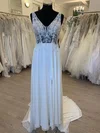 A-line V-neck Chiffon Sweep Train Wedding Dress With Appliques Lace #Milly00028417