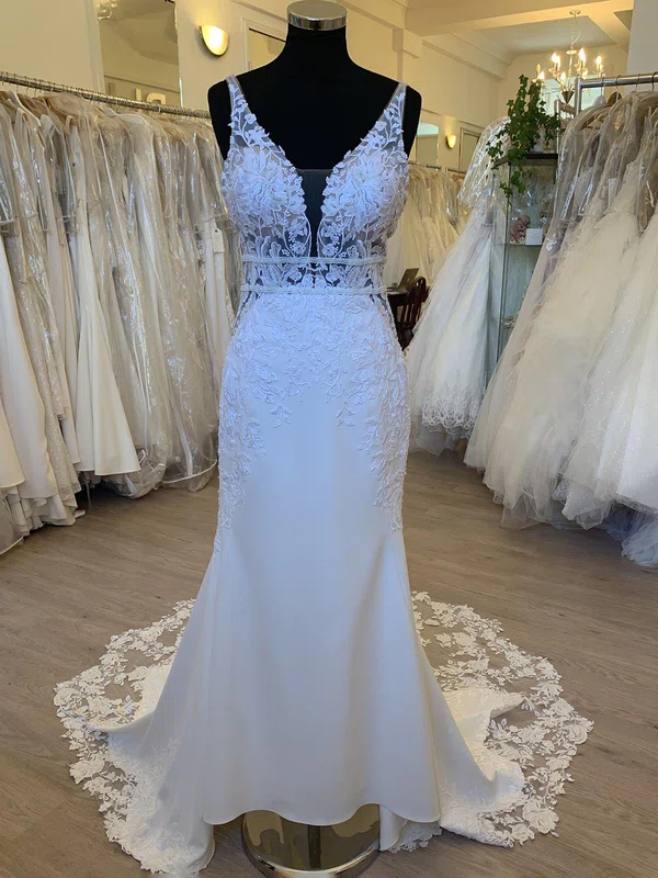 Sheath/Column V-neck Stretch Crepe Sweep Train Wedding Dress With Appliques Lace #Milly00028426