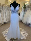 Sheath/Column V-neck Stretch Crepe Sweep Train Wedding Dress With Appliques Lace #Milly00028426