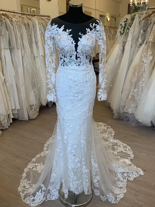 Sheath/Column Illusion Lace Tulle Court Train Wedding Dress With Appliques Lace #Milly00028430