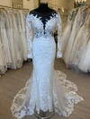 Sheath/Column Illusion Lace Tulle Court Train Wedding Dress With Appliques Lace #Milly00028430