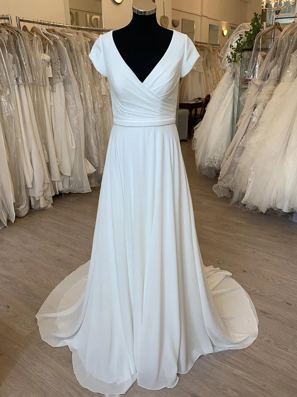 A-line V-neck Chiffon Sweep Train Wedding Dress With Ruched #Milly00028432