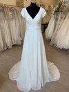 A-line V-neck Chiffon Sweep Train Wedding Dress With Ruched #Milly00028432