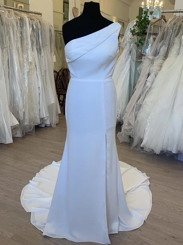 Sheath/Column One Shoulder Chiffon Sweep Train Wedding Dress With Split Front #Milly00028433
