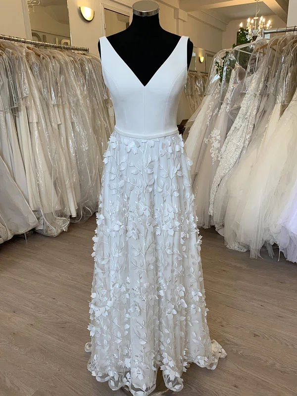 A-line V-neck Stretch Crepe Sweep Train Wedding Dress With Appliques Lace #Milly00028435