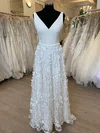 A-line V-neck Stretch Crepe Sweep Train Wedding Dress With Appliques Lace #Milly00028435