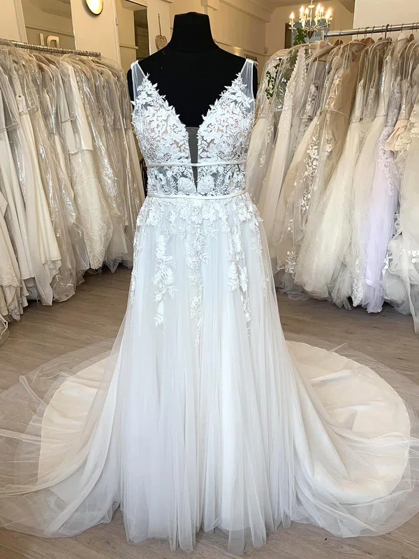 A-line V-neck Tulle Court Train Wedding Dress With Appliques Lace #Milly00028438