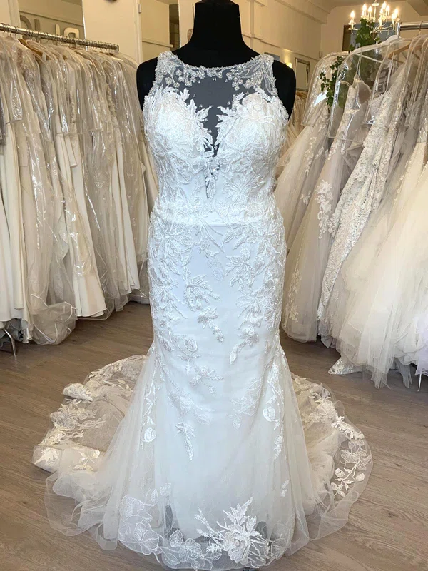 Trumpet/Mermaid Illusion Lace Tulle Sweep Train Wedding Dress With Beading #Milly00028440