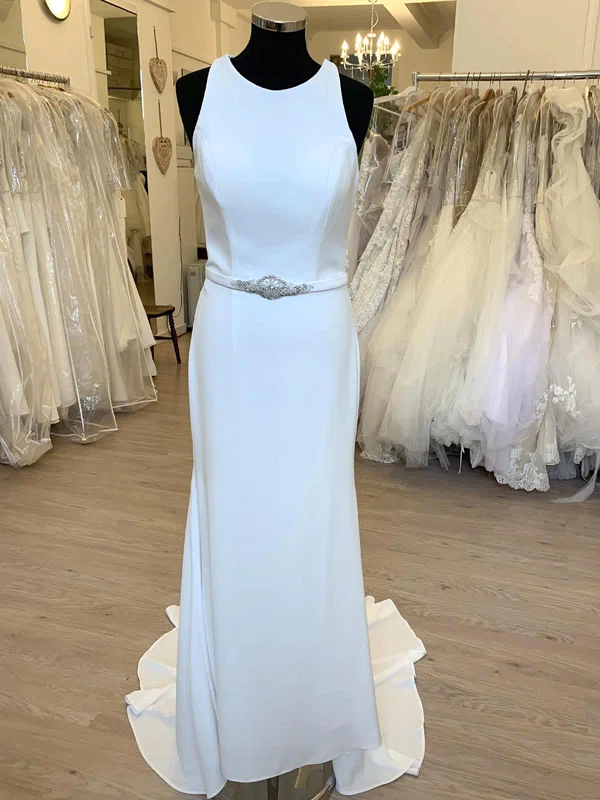Sheath/Column Scoop Neck Satin Chiffon Sweep Train Wedding Dress With Beading #Milly00028441