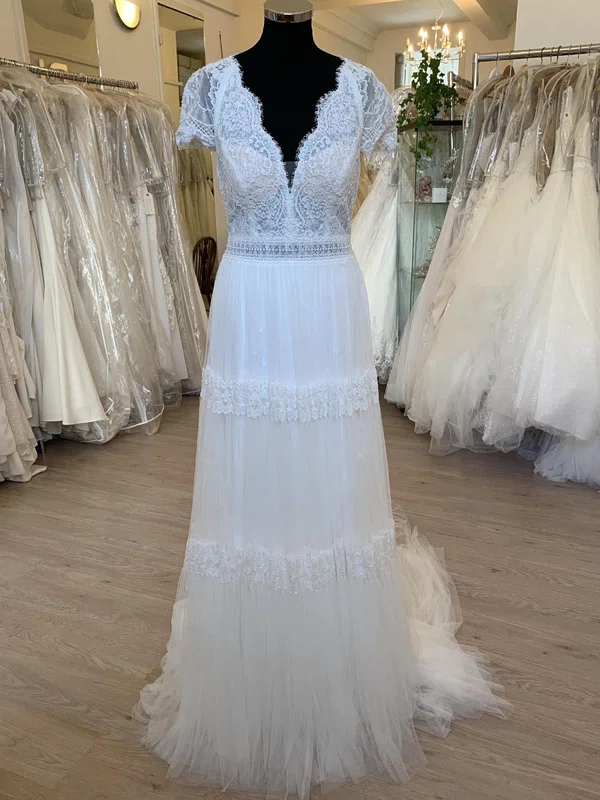A-line V-neck Tulle Sweep Train Wedding Dress With Appliques Lace #Milly00028442