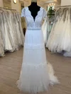 A-line V-neck Tulle Sweep Train Wedding Dress With Appliques Lace #Milly00028442