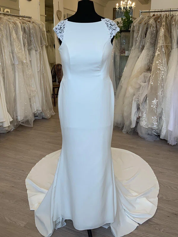 Sheath/Column Scoop Neck Satin Chiffon Sweep Train Wedding Dress With Appliques Lace #Milly00028443