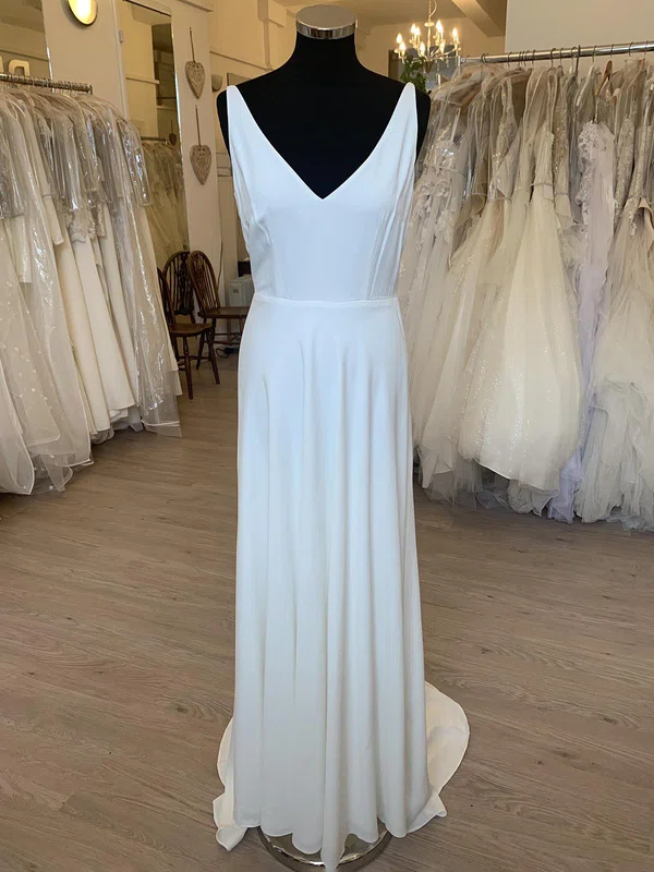 A-line V-neck Chiffon Sweep Train Wedding Dress #Milly00028445