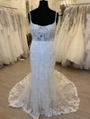Trumpet/Mermaid Scoop Neck Tulle Court Train Wedding Dress With Appliques Lace #Milly00028448