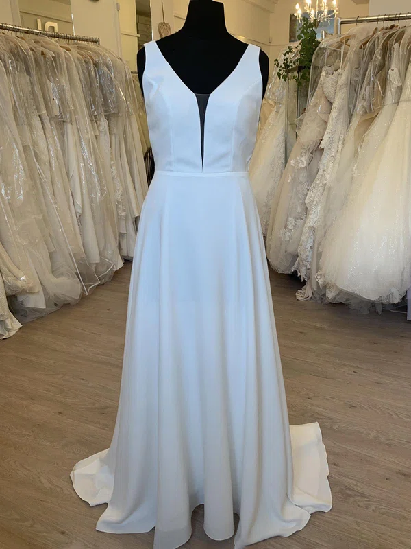A-line V-neck Chiffon Sweep Train Wedding Dress #Milly00028450