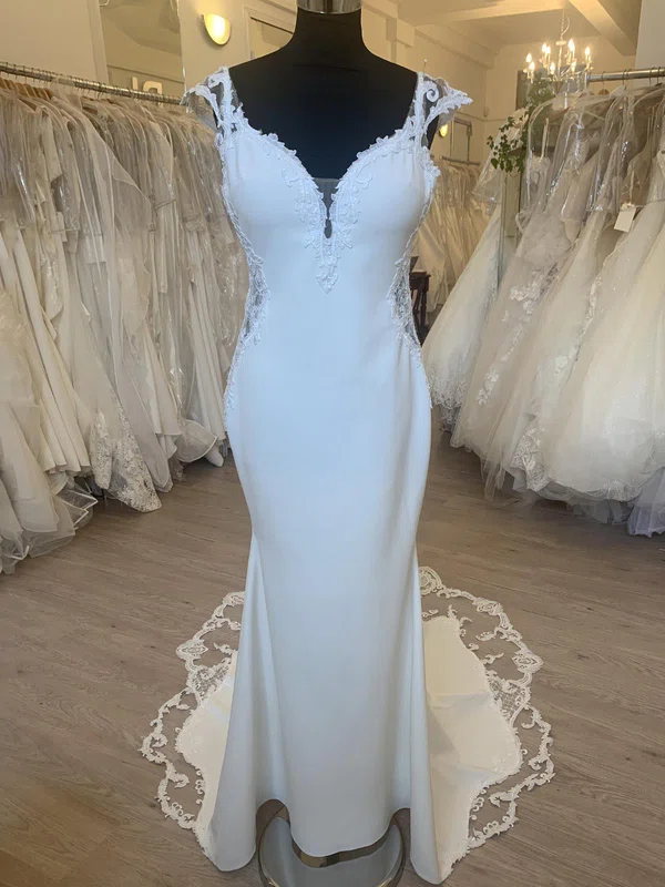 Trumpet/Mermaid V-neck Stretch Crepe Sweep Train Wedding Dress With Appliques Lace #Milly00028452
