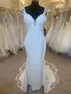 Trumpet/Mermaid V-neck Stretch Crepe Sweep Train Wedding Dress With Appliques Lace #Milly00028452