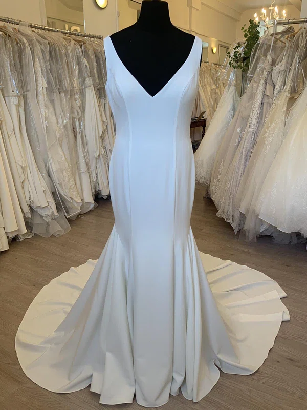 Trumpet/Mermaid V-neck Stretch Crepe Sweep Train Wedding Dress #Milly00028454