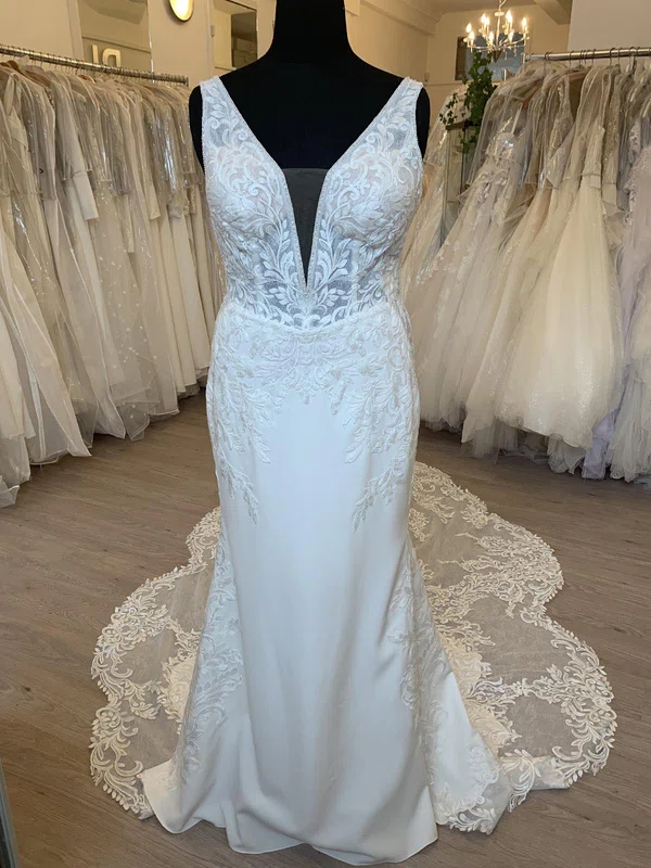 Sheath/Column V-neck Stretch Crepe Court Train Wedding Dress With Beading #Milly00028456