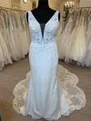 Sheath/Column V-neck Stretch Crepe Court Train Wedding Dress With Beading #Milly00028456