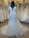 Sheath/Column Illusion Tulle Watteau Train Wedding Dress With Appliques Lace #Milly00028458