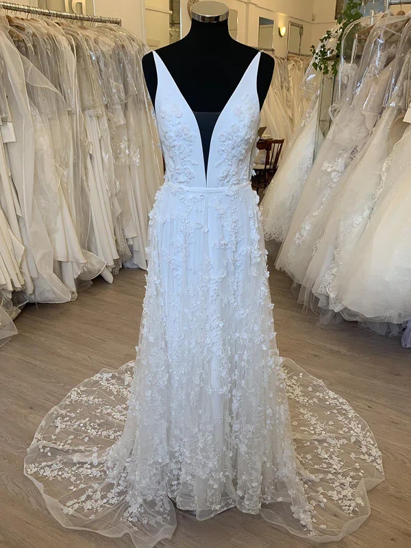 A-line V-neck Tulle Court Train Wedding Dress With Appliques Lace #Milly00028461