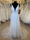 A-line V-neck Tulle Court Train Wedding Dress With Appliques Lace #Milly00028461